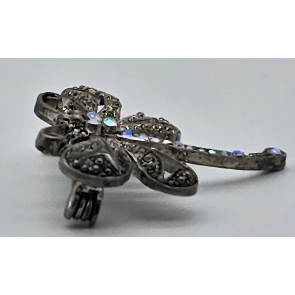 Vintage Dragonfly Brooch Silver Tone‎ Marcasite Style AB Rhinestone Insect Pin